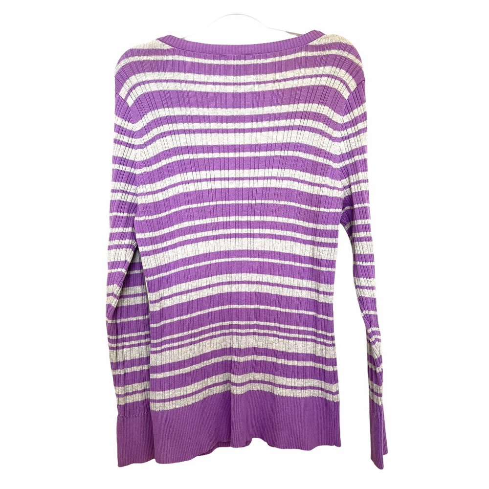 NEW St. John's Bay Sweater Women 1X Purple Striped Ribbed Knit Preppy Layering - Picture 2 of 4
